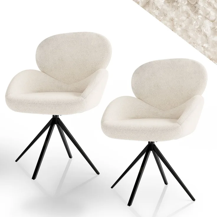 Juskys Drehstuhl Albano - Bouclé - 360° drehbar & gepolstert, pflegeleichter Bezug, verstellbare Metallfüße, modern, für Esszimmer & Küche - Creme 2er Set
