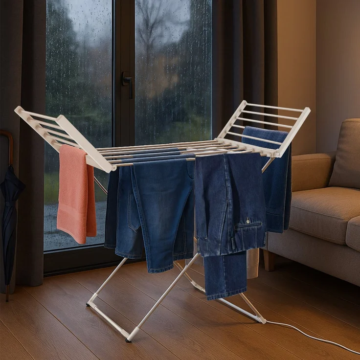 Todeco - Elektrischer Wäschetrockner, zusammenklappbar, für den Innenbereich – Maße zusammengeklappt: 113 x 53 x 7 cm – Material: Aluminiumlegierung – klassisch, weiß – Bild 2