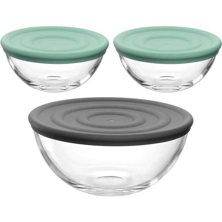 LEONARDO Schale Schalen-Set CUCINA, 6-teilig, 3 Schüsseln mit Silikondeckel, Glas, (Set, 6-tlg), spülmaschinengeeignet