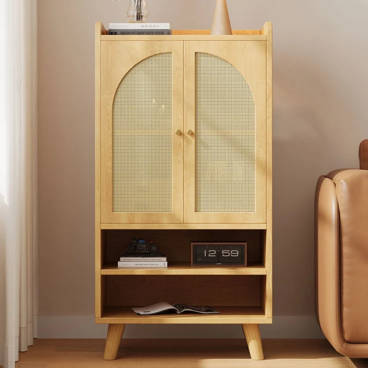 Rattan-Sideboard mit 2 Rattantüren und 2 offenen Fächern, Aufbewahrungsschrank / Buffet mit großem Stauraum, Holz-Highboard, Mehrzweckschrank für Flur, Wohnzimmer oder Küche, Maße: B60×T40×H121 cm--Natürlich--60x40x121cm--YOUDENOVA – Bild 2