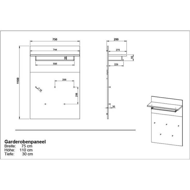 Garderobenpaneel >M-392< (BxHxT: 75x110x30 cm) in braun - 75x110x30cm (BxHxT) – Bild 6