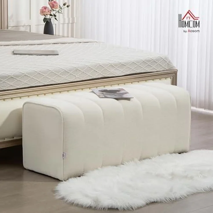 HOMCOM Polsterbank Bettbank mit Leinenoptik, Kanal-Tufting (Flurbank, 1-St, Sitztruhe), für Schlafzimmer, Wohnzimmer, Cremeweiß – Bild 2