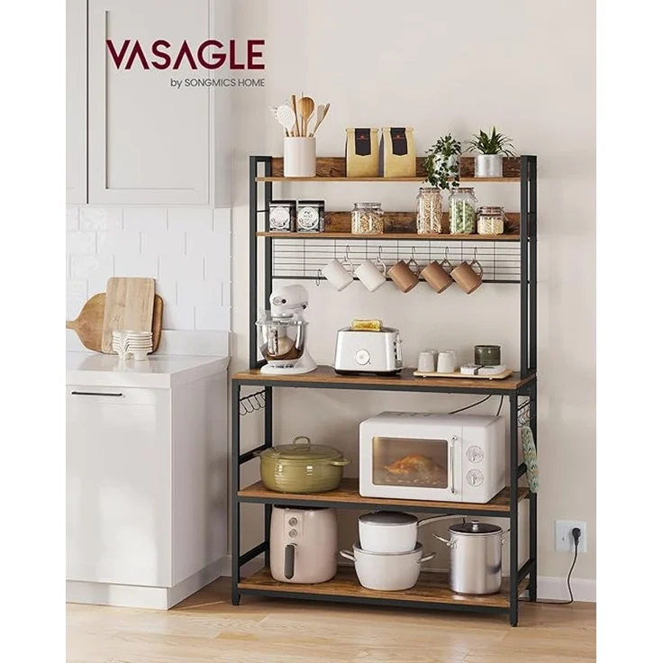 Vasagle Küchenregal mit Steckdosen und 14 Haken, Stahl vintagebraun-schwarz, 40 x 100 x 170 cm – Bild 2