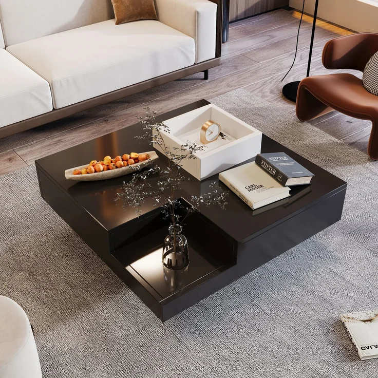 Merax Couchtisch, Hochglanz-Wohnzimmertisch, Beistelltisch mit abnehmbarer Aufbewahrungsbox, Farbblockweiß und Schwarz, 72*72*30 cm, Mit LED-Lichteffekt – Bild 3