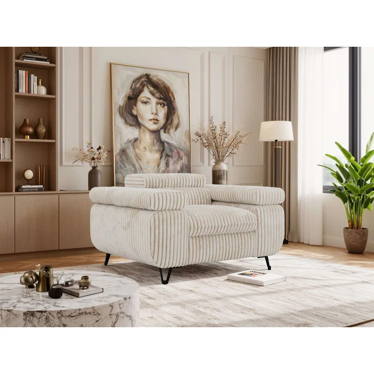 Einzelsessel, Polstersessel PETER mit verstellbaren Armlehnen und Kopfstütze, 1-Sitzer Sofa, Ohrensessel, Wellenfeder - Beige Cord – Bild 1