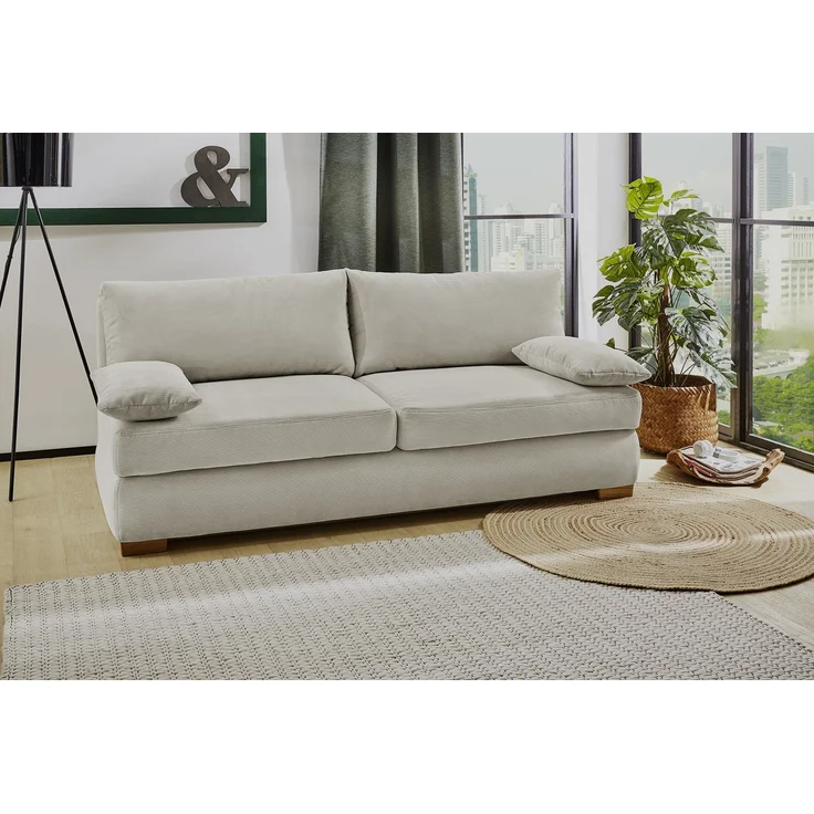 Dauer-Schlafsofa Federkern Couch mit Topper und Bettkasten in Feincord Beige – Bild 2