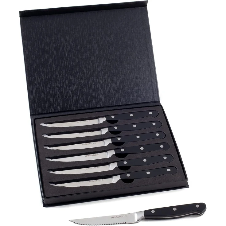 Hanseküche Steakmesser Steakmesser 6er Set – mit Holzgriff (Schwarz) (6 Stück), Modernes Design, Geschenkbox