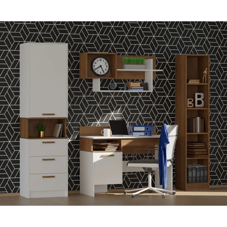 Marmex Möbel Grant Set-B Jugendzimmer Komplett-Set 4-teilig mit offenem Regal, Schreibtisch, Wandregal, geschlossenes Regal, Kinderzimmermöbel mit Schreibtisch, laminierte Spanplatte, Kleiderstange, weiß+riviera Eiche, 198x195x55 cm – Bild 1