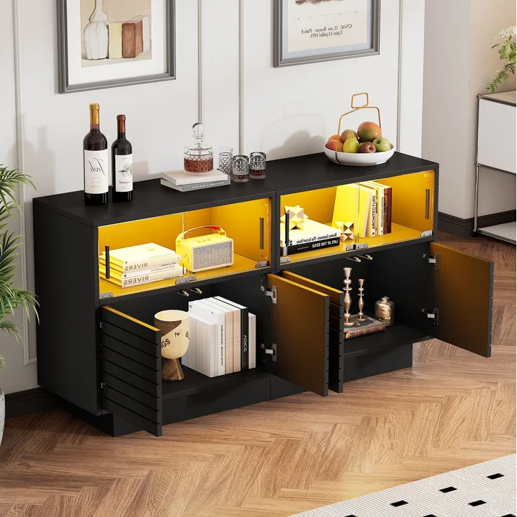DESVIAE Sideboard mit LED-Beleuchtung und Glasschiebetüren 130x68x35 cm Spanplatte Schwarz