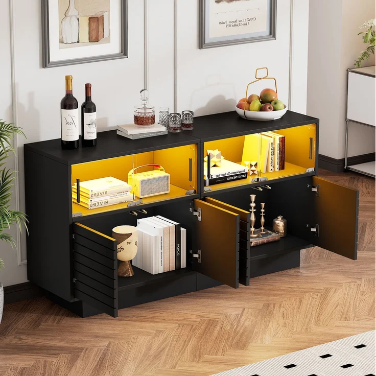 DESVIAE Sideboard mit LED-Beleuchtung und Glasschiebetüren 130x68x35 cm Spanplatte Schwarz – Bild 1