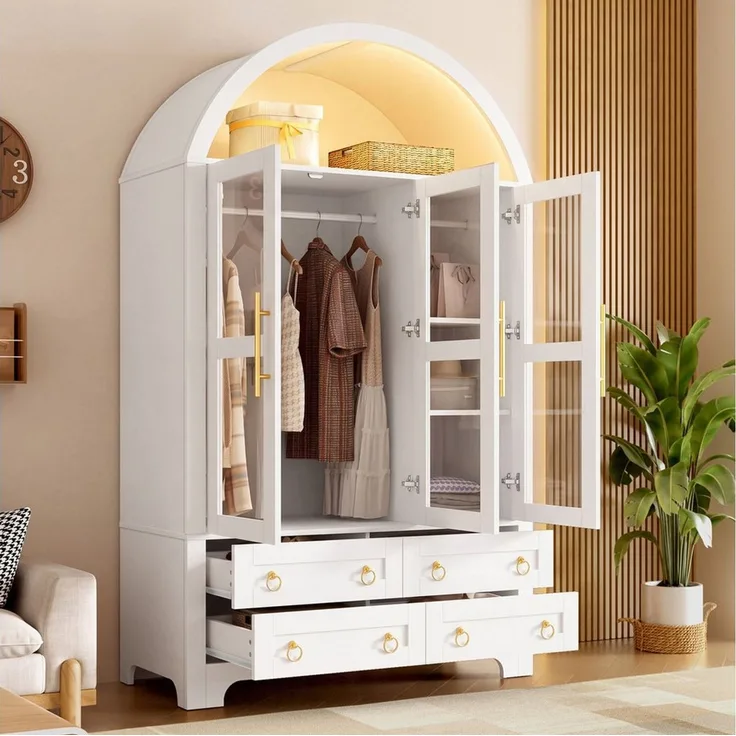 Odikalo Kleiderschrank Kleiderschränke Schlafzimmerschrank mit LED Schubladen Kleiderstange (Flurgarderobe mit 3 Glastüren und 4 Schubladen, Vitrinenschrank, Wohnzimmerschrank, Aufbewahrungsschrank, Kleiderschrank mit LED-Beleuchtung App-steuerbare)