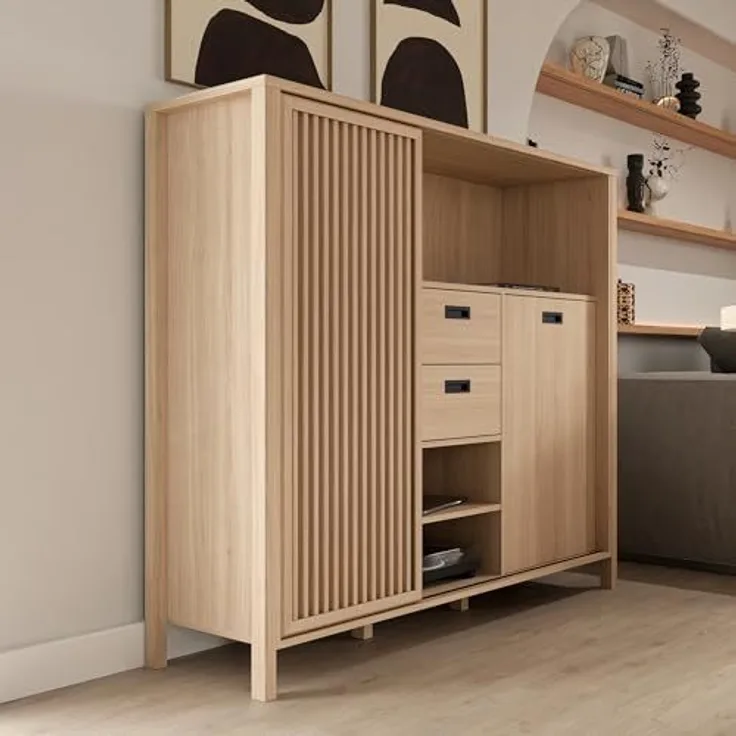 Forte JYTANA Schrank 150, skandinavischer Schrank mit 2 Schubladen und Schranktüren und 3 Regalfächern, Riva Eiche Holzdekor, 149,9 cm breit x 129,9 cm hoch x 40,2 cm tief