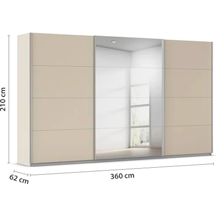 Rauch Möbel Kulmbach, Kleiderschrank mit Schwebetüren für Schlafzimmer, Kinderzimmer, Jugendzimmer, Garderobe, Flur, 3-türig, mit Spiegel, Zubehör Basic, Farbe Beige, Breite 360 cm – Bild 3