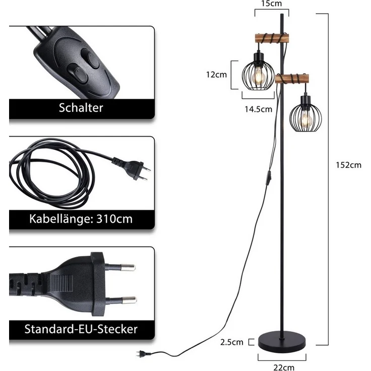 Nettlife Stehlampe Stehleuchte 2 Flammig schwarz Vintage aus Holz 151cm, mit Kippschalter, LED wechselbar, für Wohnzimmer schlafzimmer Esszimmer Büro – Bild 3