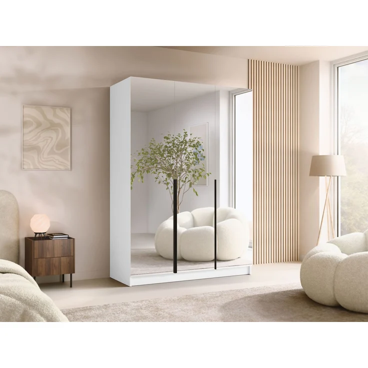 Mirjan24 'Cikzori' Kleiderschrank mit Einlegeböden und Kleiderstange, 3-türig, Laminatplatte, 215 x 58 x 150 cm, Weiß / Schwarz, mit Spiegelfront – Bild 2