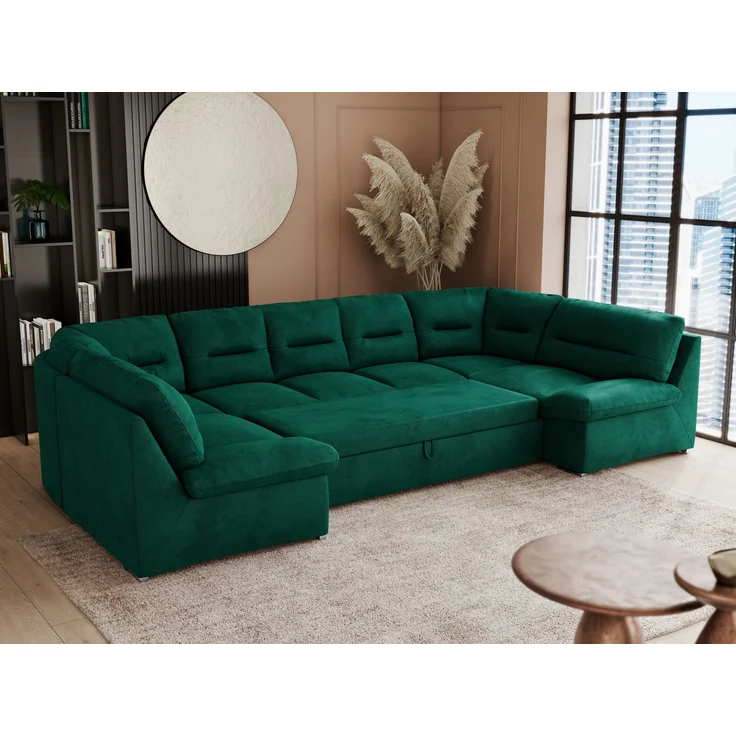 Ecksofa, Sofa big XXL, Wellenfedern, Wohnlandschaft XXL, mit Schlaffunktion - COMODO U - Dunkelgrün Velours - Topper T25 – Bild 2