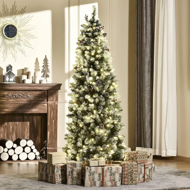 HOMCOM Künstlicher Weihnachtsbaum Vorbeleuchteter Weihnachtsbaum, Tannenbaum, mit LED-Lichter Kunsttanne, Grün+Weiß Ø65x180 cm – Bild 2