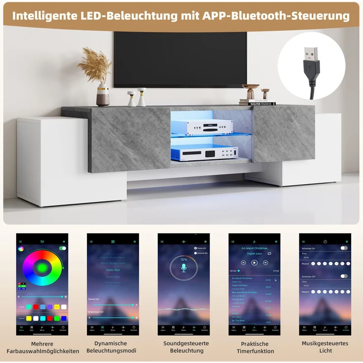 TV Lowboard 180cm weiß grau mit LED Beleuchtung App 4 Türen für 60-70 Zoll Fernseher Spanplatte – Bild 7
