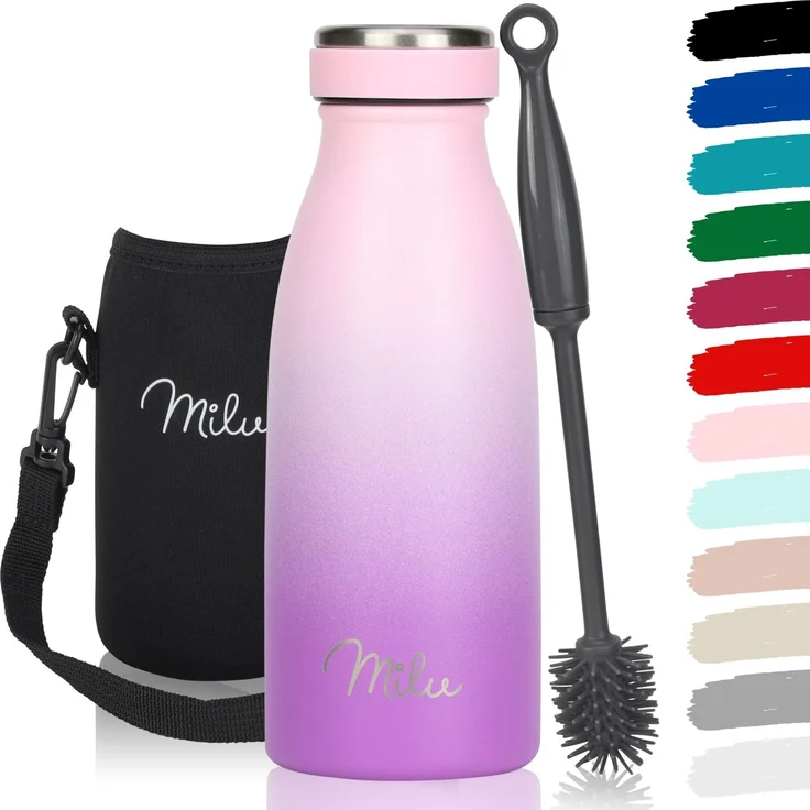 Milu Edelstahl Trinkflasche 350ml, 500ml, 750ml, 1L, 1,5L – Thermosflasche für Kinder Erwachsene auslaufsicher Isolierflasche Kohlensäure geeignet– inkl. Reinigungsbürste (Pink Violett, 350ml)