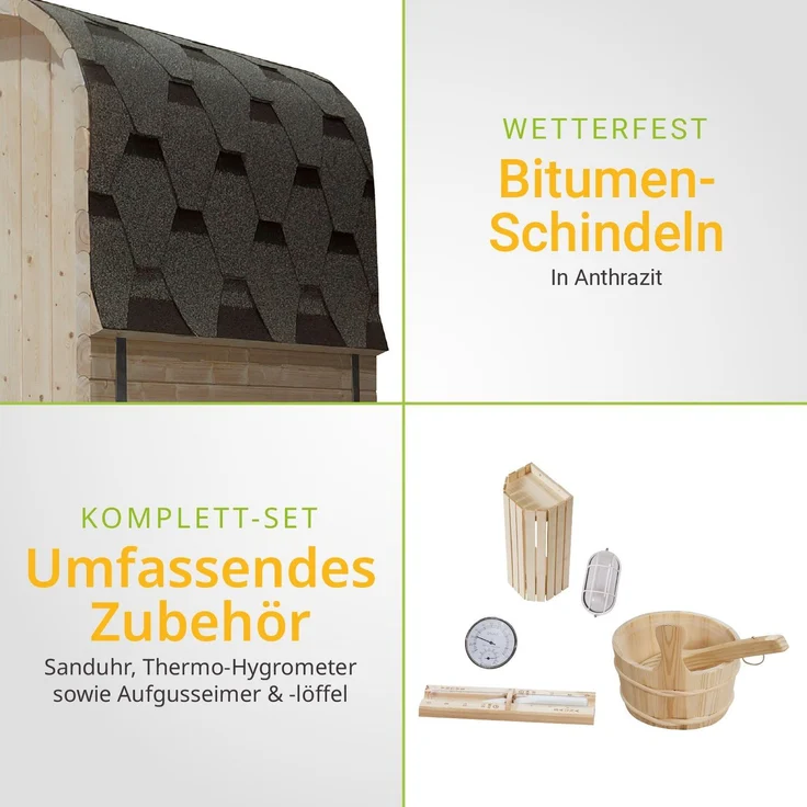 Artsauna Fasssauna Nolvik M, Outdoor-Sauna aus Fichtenholz, 3,6 kW Ofen, LED, Komplettset mit Sanduhr, Eimer & Thermometer, winterfest, Cube Design – Bild 6