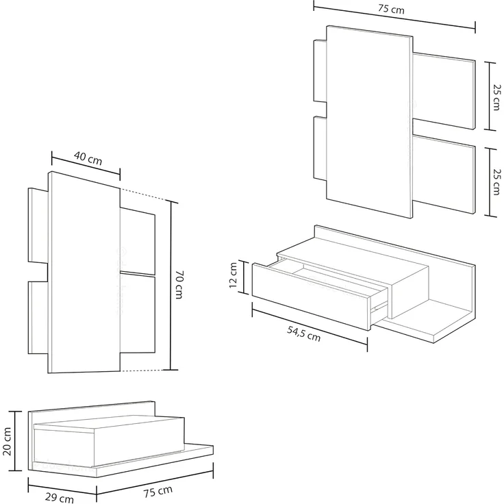 Flur mit Schublade und Spiegel, Eingangsschrank, Modell Tekkan, Ausführung in Artik Weiß und Zement, Maße: 75 cm (Breite) x 116 cm (Höhe) x 29 cm (Tiefe) – Bild 3