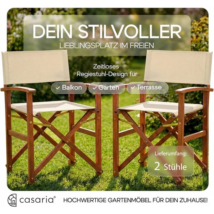 CASARIA® 2er Set Regiestuhl aus FSC® Eukalyptusholz Creme – Bild 2