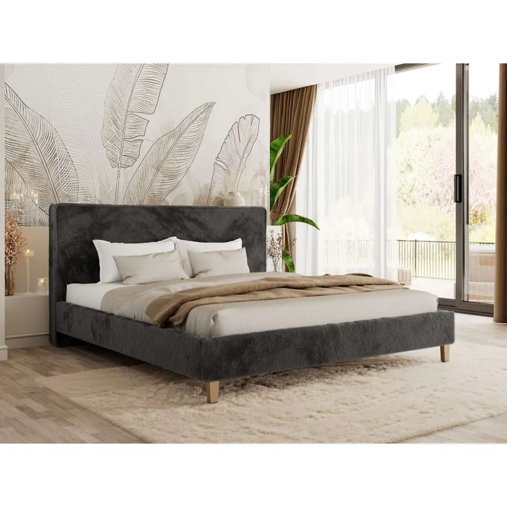 Design Polsterbett LUMARO CLASSIC 140x200 cm mit Lattenrost & 12cm hohen Füßen, Doppelbett mit Kopfteil, Konfigurierbar, Pocket Matratze - Dunkelgrau Plüsch - VIRE LUX