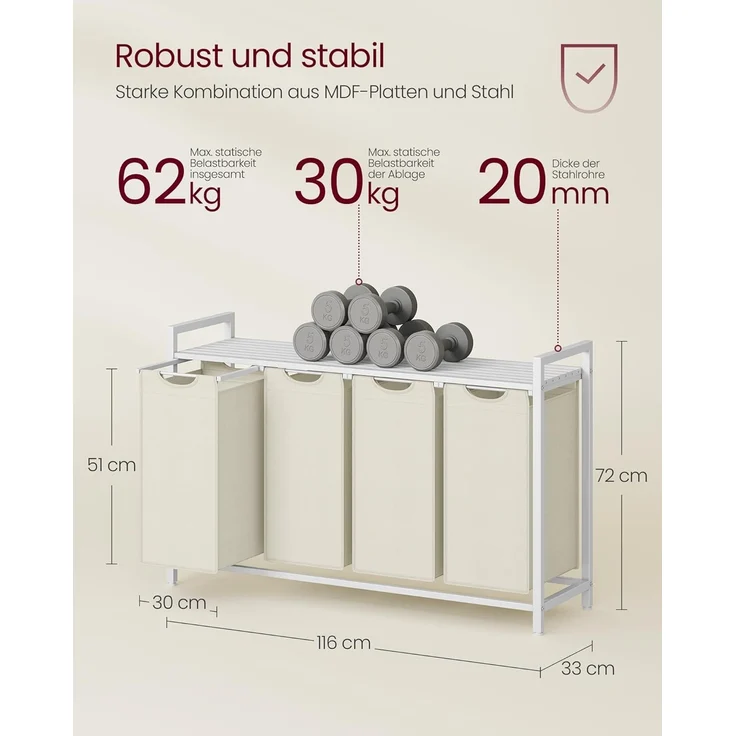 Vasagle Wäschekorb mit 4 Fächern, 4x40 L, Metallrahmen Weiß, 72 x 33 x 116 cm – Bild 4