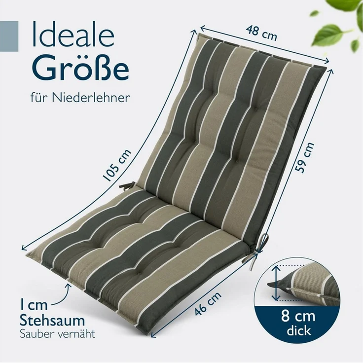 Beautissu Sitzauflage 2er Set Niedriglehner Auflage Sun-NL 100x50x8cm Grün-Gestreift, 8cm Dicke Gartenstuhlauflage mit Befestigung UV-Lichtechtheit 5 – Bild 2