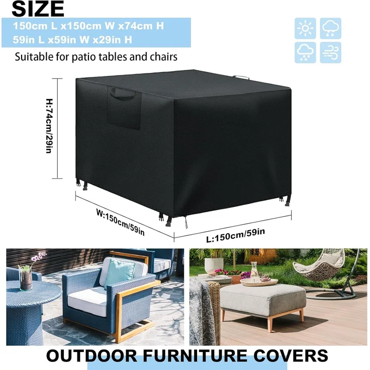 WUAYAMI Gartenmöbel Abdeckung wasserdichte Abdeckplane Gartenmöbel Winddicht Anti-UV Schwerlast 420D -Oxford Gewebe für Sitzgruppe Gartentische Terrassenmöbel Black, 150 x 150 x 74 – Bild 3