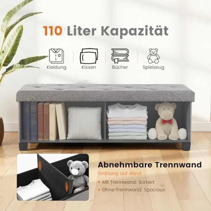 Sweetcrispy Sitzbank mit Stauraum, Dunkelgrau, 110x38x38cm – Bild 4