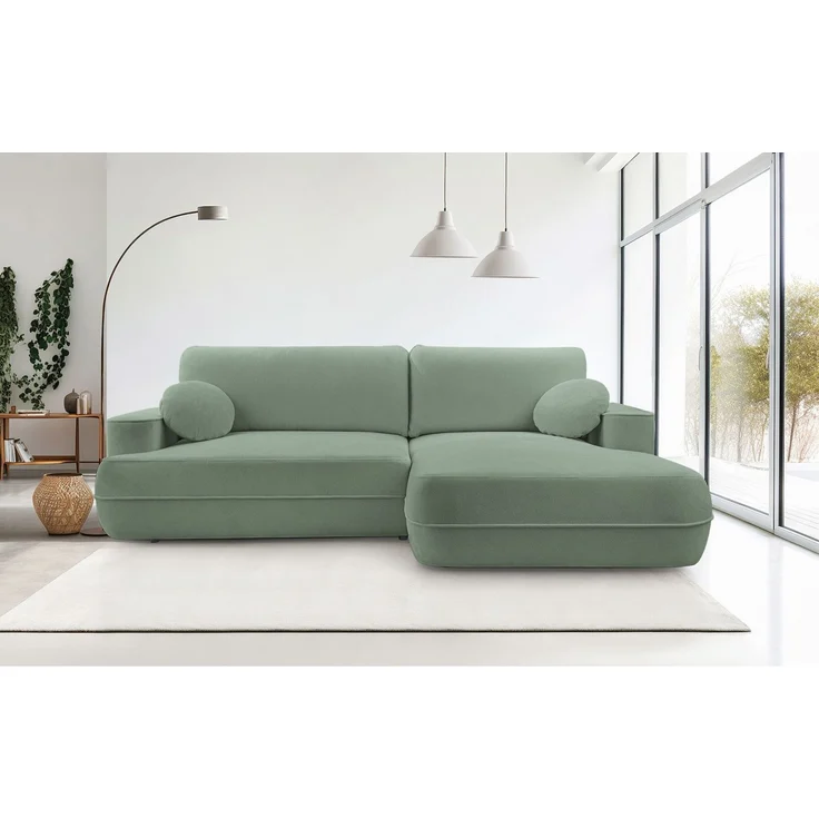 Selsey 'Fuerro' Ecksofa mit Schlaffunktion, Bettkasten, Ottomane rechts, Strukturstoff wasserabweisend, Salbeigrün – Bild 2