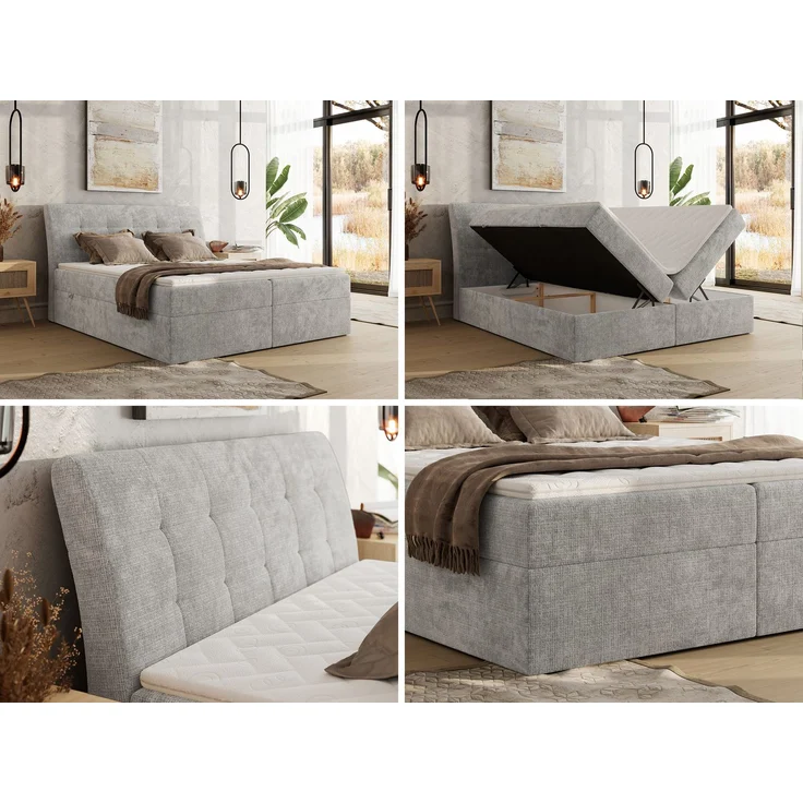 Boxspringbett DAGOS 120x200 cm mit Kopfteil, Lattenrost und Stauraum – Doppelbett mit Matratze & Topper T25 , stabile Konstruktion, Bettkasten, modernes Design - Hellgrau Schenille grob gewebt - H3 – Bild 2