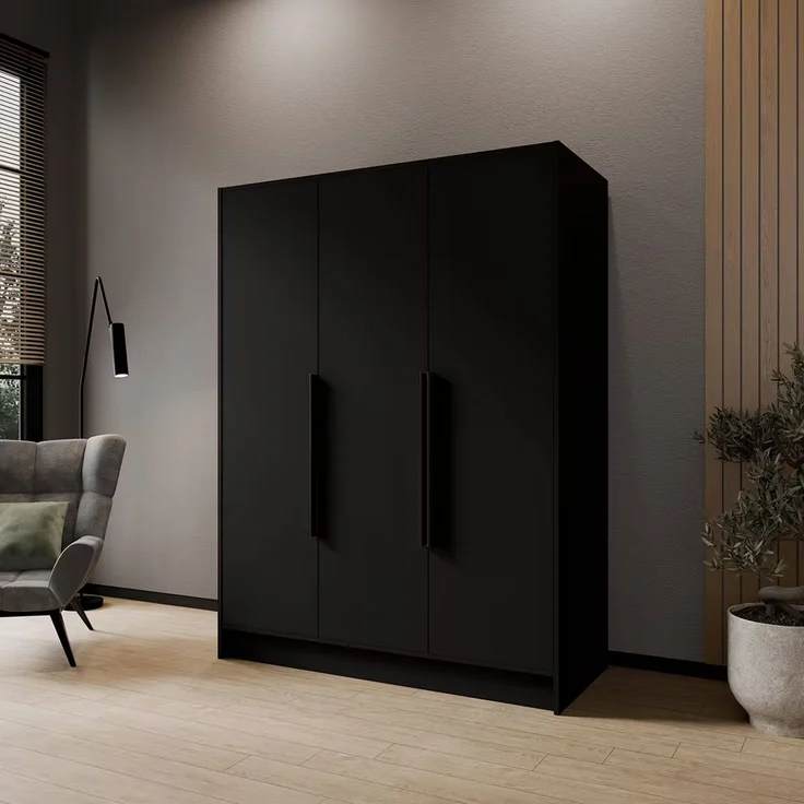 MEBLINI Kleiderschrank PORTINA 150cm - Schwarz Matt - mit schwarzen Griffen - Drehtürenschrank ohne Spiegel - Kleiderstangen und Regalböden – Bild 2