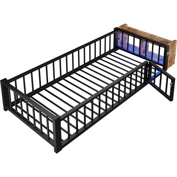 Merax Einzelbett, Kinderbett, Metallbett, 90 x 200 cm, Metallbettgestell, mit Schutzgeländer, ohne Matratze, Schließfächern, LED-Streifenleuchten, Schwarz – Bild 9