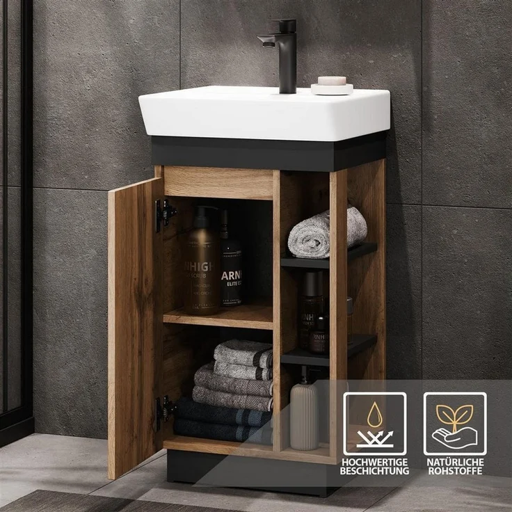 Planetmöbel Badmöbel-Set Badmöbel Set Nyx Waschtisch 50 cm Wotan Eiche / Anthrazit, (50cm Waschtisch, 1-St), Badezimmer Waschtisch 50 cm – Bild 3