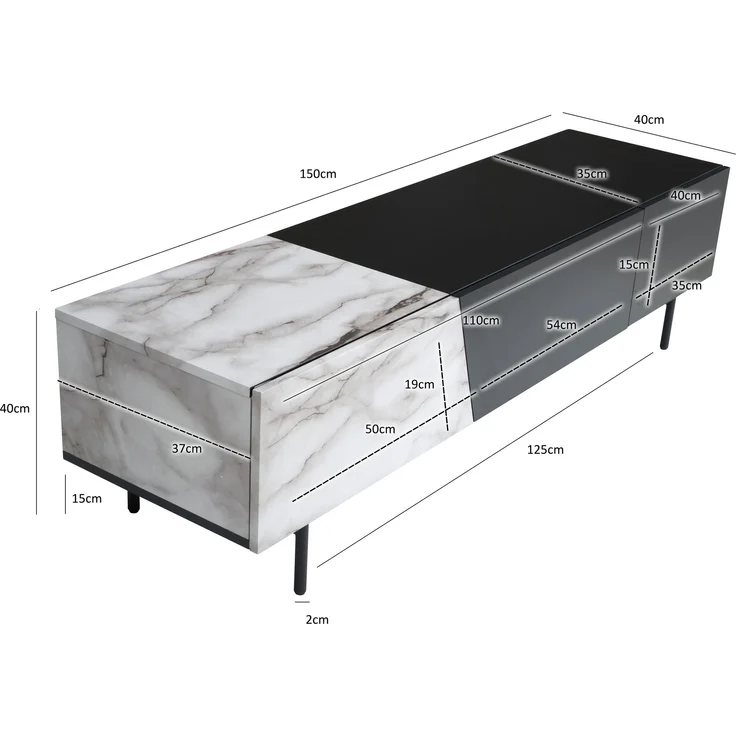 Lowboard Schwarz mit Marmor-Dekor in Weiß 150x40x40 cm TV-Kommode Modern, Des... – Bild 3