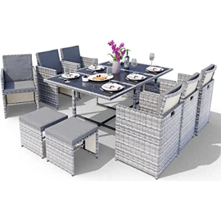 Swing&Harmonie Garten-Essgruppe Poly Rattan Sitzgruppe Esstisch Lounge Gartenmöbel, (Sitzgarnitur, Tisch, Stühle, Hocker Garnitur Set) – Bild 2