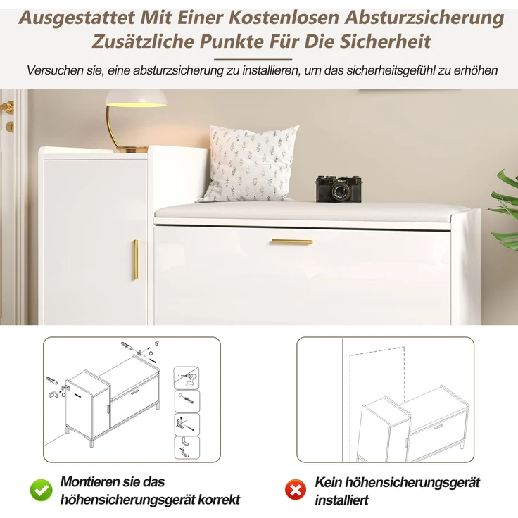 Schuhschrank mit Sitzbank Weiß/Gold, 100x38x68 cm, Hochglanz mit herunterziehbarem Schuhregal – Bild 4