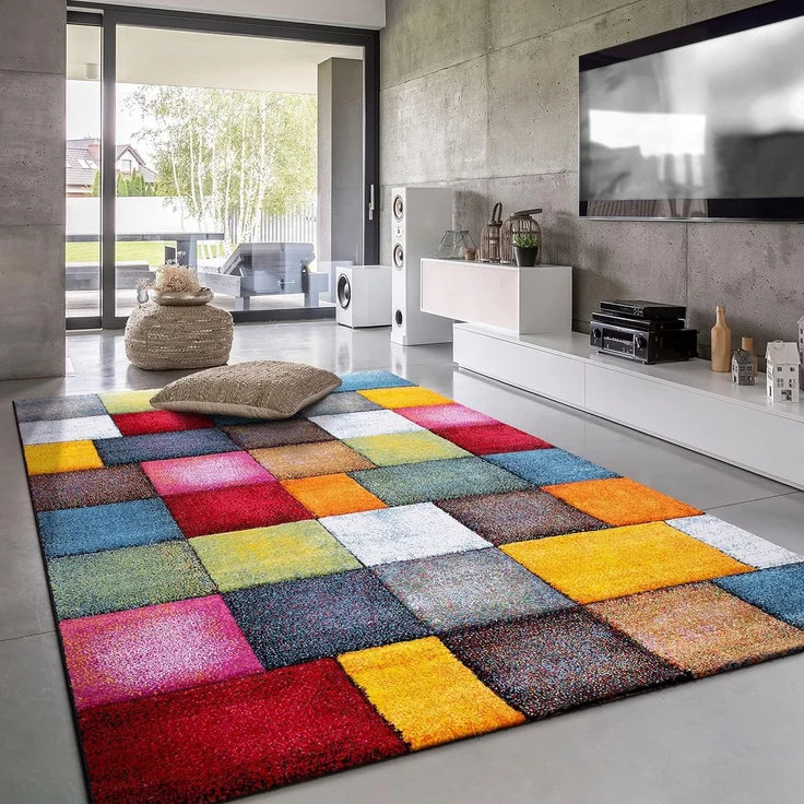 Paco Home Teppich Wohnzimmer Kinderzimmer Kurzflor Moderne 3D Optik Kariert Geometrische Muster, Grösse:80x150 cm, Farbe:Bunt – Bild 1