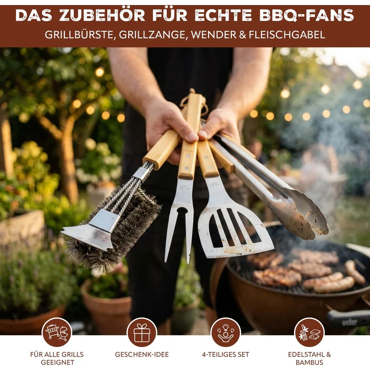 eluno Grillbesteck 4er-Set, Edelstahl und Bambus – Bild 2