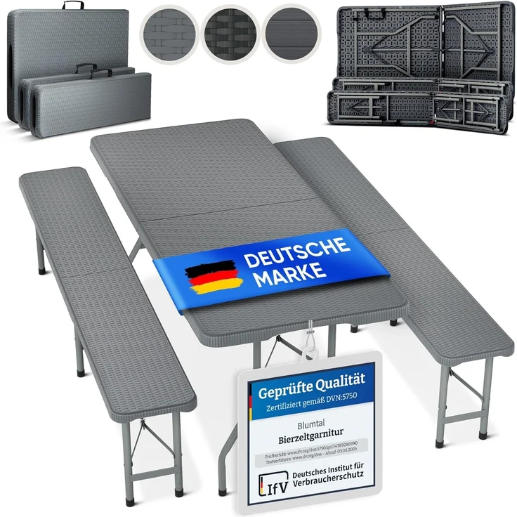 Blumtal Bierzeltgarnitur 3er Set - 2X Bierbank + 1x Biertisch - tragstarke Biertischgarnitur klappbar für 8 Personen - Bierbankgarnitur mit Tragegriff - Biergartengarnitur in Rattan-Optik Grau – Bild 1