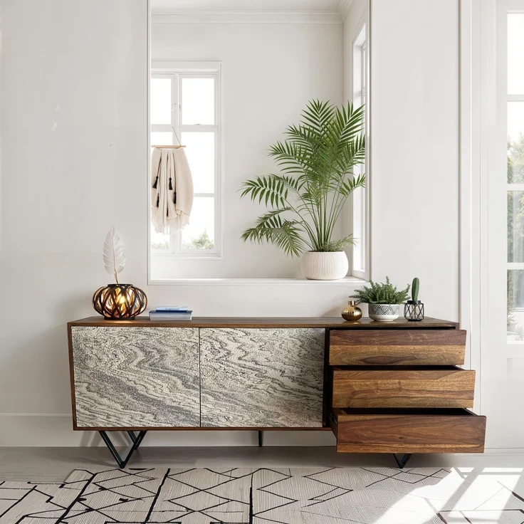 FineBuy Sideboard Sheesham Massivholz 175 cm 2 Türen & 3 Schubladen - Massive Retro Kommode Steinoptik - Design Natur Anrichte - Handmade Industrial – Bild 2