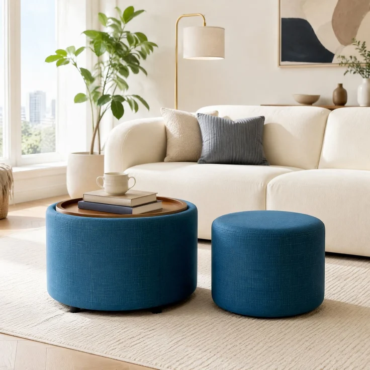 DESVIAE Hocker-Set 2-tlg. mit Stauraum und Holzablage, Ø 58 cm, Leinen Blau, 58 x 58 x 38 cm – Bild 2