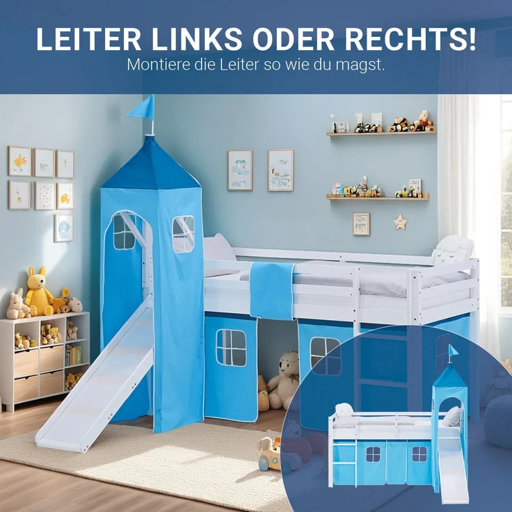 Hochbett Kinder 90x200 cm mit Rutsche Kinderbett Kinderhochbett Stockbett Vorhang Turm Blau – Bild 6