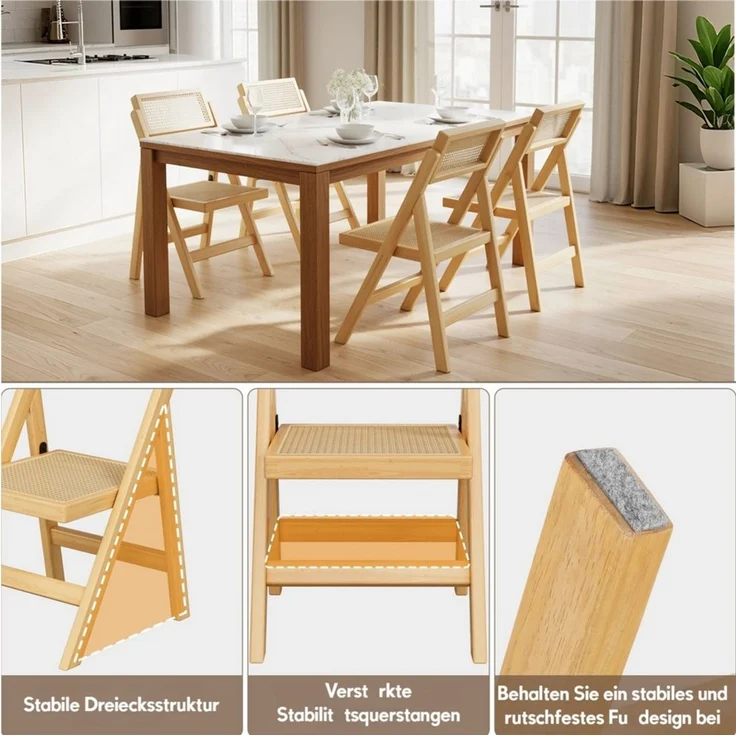 TLGREEN Klappstuhl aus Holz,Faltbar Esszimmerstuhl, (87 x 46 x 43 cm Rattan Stuhl mit Wiener Geflecht, 1 St), Rattan Stuhl, Balkonstuhl, Naturfarben – Bild 3