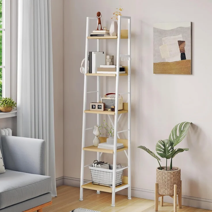 YITAHOME Schmal Bücherregal mit 5 Ebenen 35 cm Breit, Industrielles Leiterregal Standregal Holzregale und Metallrahmen, Modernes Regal für Wohnzimmer, Weiß und Eiche – Bild 1