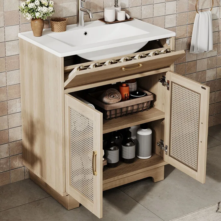 Freistehender Badwaschtisch 76 x 46 x 88 cm aus MDF mit Keramikbecken und Rattan-Geflecht
