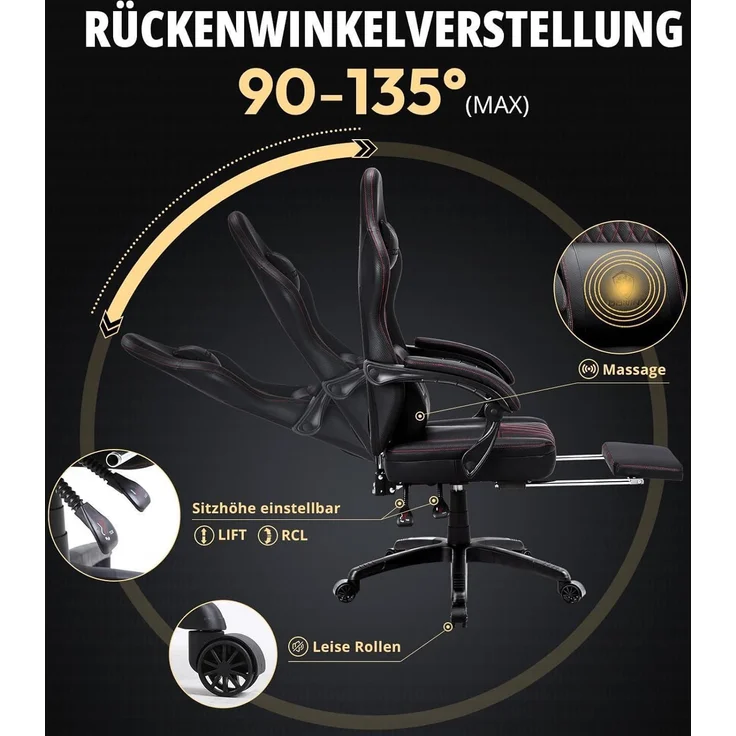 Ergonomischer Gaming Stuhl mit Massage Lendenwirbelstütze und Fußstütze – Bild 4