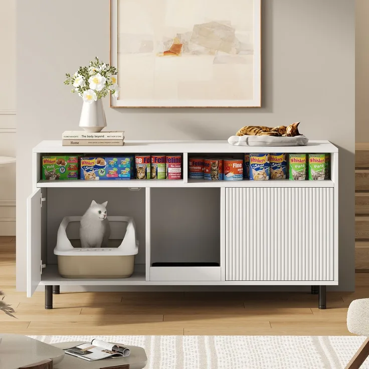 Katzentoiletten-Schrank/Katzenstreuwanne-Schrank mit Sandauffangmatte, Haustier-Schrank mit Ablage, Haustier-Sideboard/TV-Schrank, ohne Katzenstreuwanne, 120 x 50 x 66 cm, Weiß